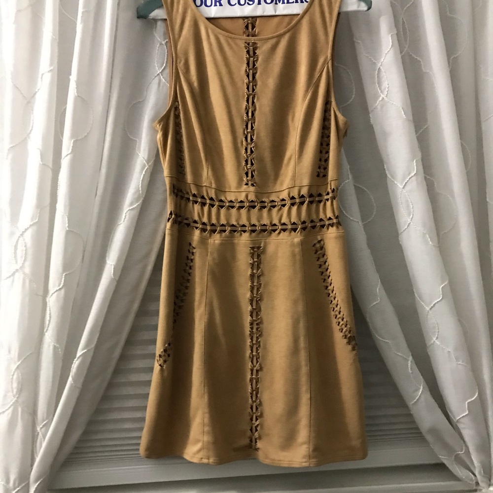 Tan suede cut out short dress.